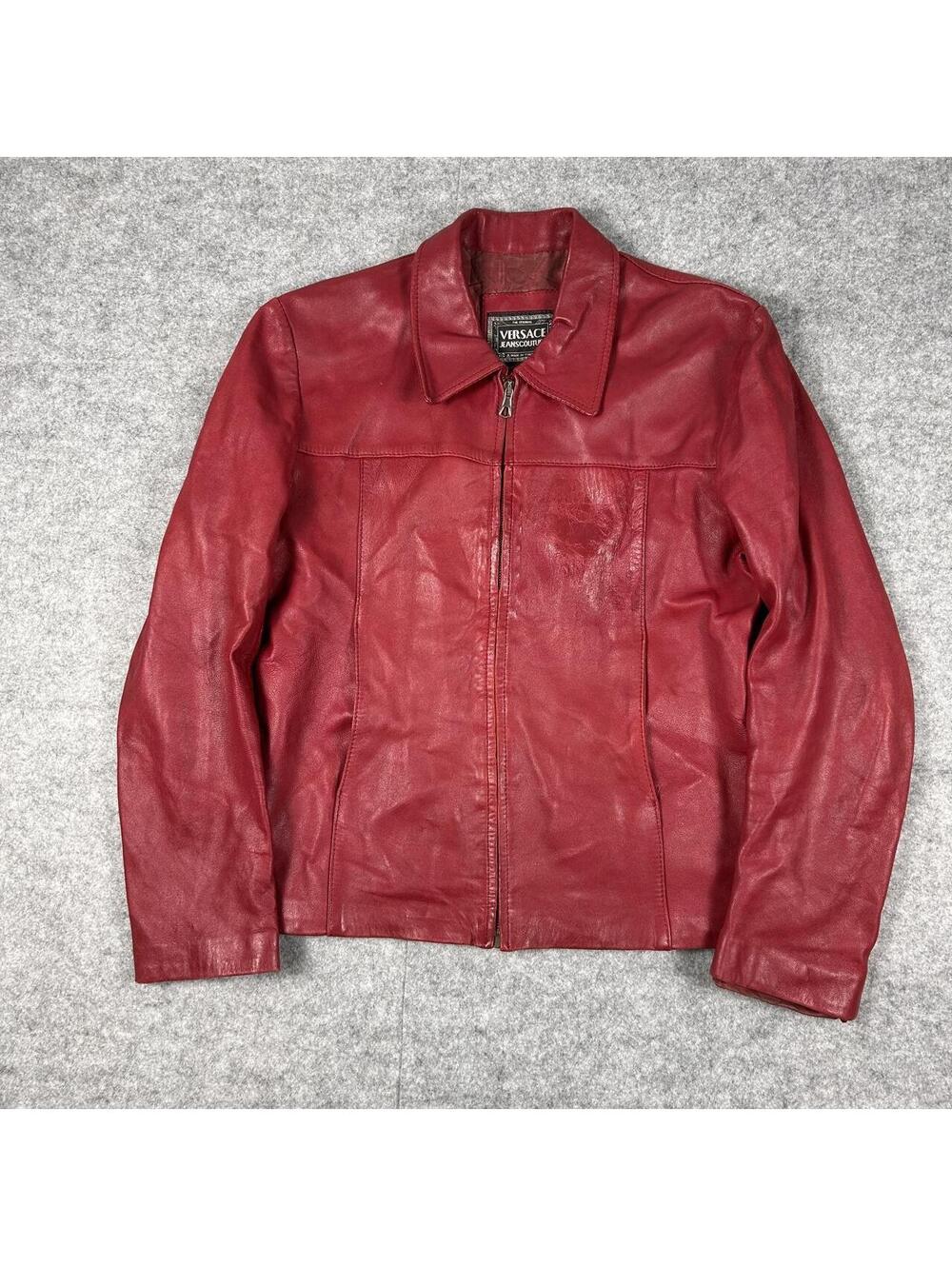 Vintage 1990s Versace Jeans Couture Red Leather Jacket Made Italy Size S/M